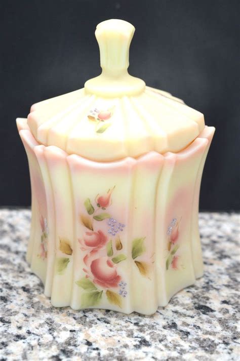 Fenton Rose Burmese Ribbed Lidded Jar Hand Painted Roses Biscuit Jar
