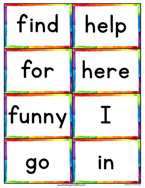 kindergarten sight words flash cards printable  pictures
