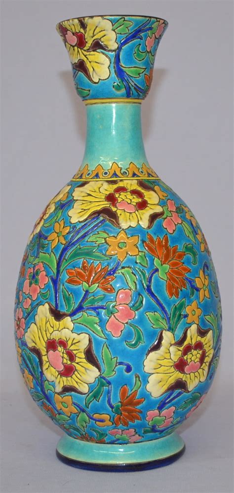 sold price longwy france pottery vase   colored flowers   blue background stamped