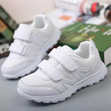 boys running shoes trainers breathable air mesh white  slip hookloop athletic casual