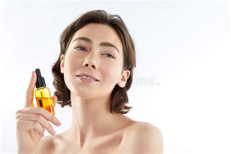 Pretty Sensual Female Holding Bottle With Oil Stock Image Image Of