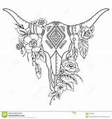 Skull Bull Flowers Indian Tattoo Feathers Vector Drawing Aztec Ornament Ethnic Decorative Feather Dreamstime Le Illustration Tattoos Animal Tribal Skulls sketch template
