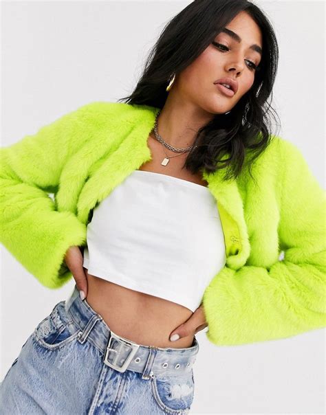 asos design super crop neon faux fur jacket pink modesens