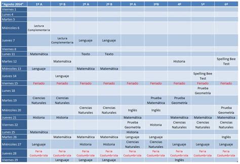 calendario de pruebas de 1º básico a 6º básico agosto 2014 colegio