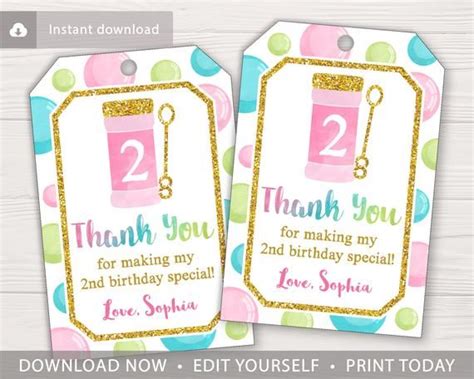 bubble birthday favor tags editable template  instant