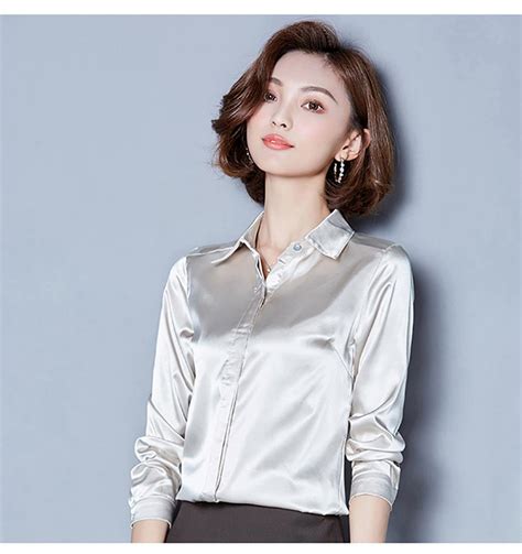 2019 women silk satin blouse button long sleeve white blue pinkblack lapel ladies office work