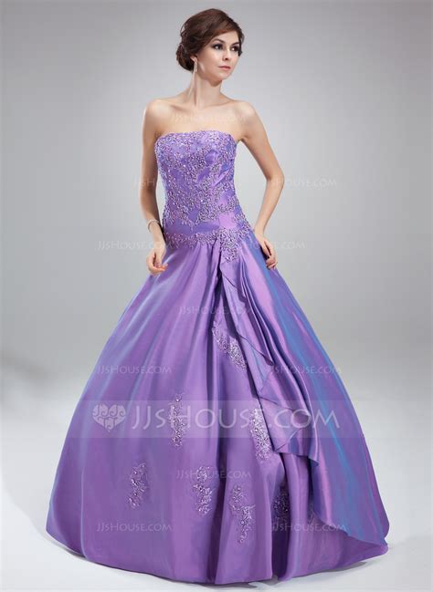 Ball Gown Strapless Floor Length Taffeta Quinceanera Dress With Beading