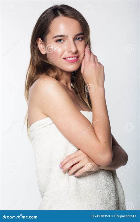 Girl In Towel After Shower With Moisturizing Cream Stock Image Image