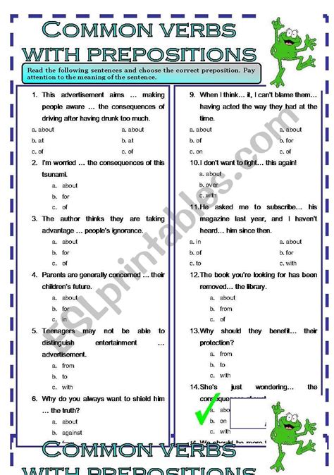 common verbs  prepositions key included esl worksheet  firstime