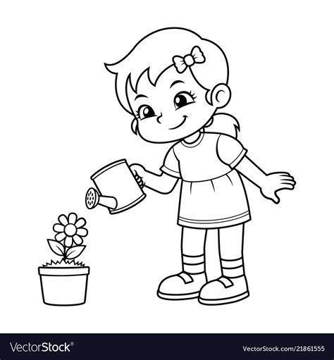 Girl Watering Her Flower Plant Bw Royalty Free Vector Image