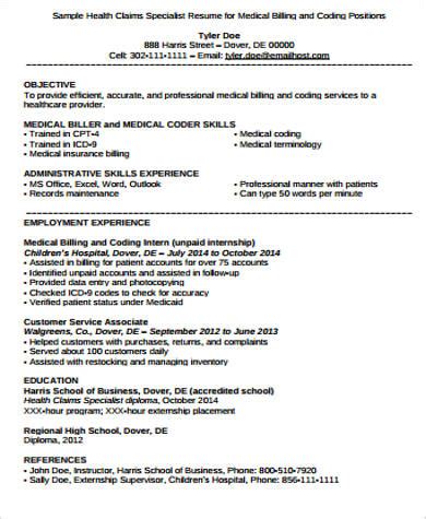 sample medical billing resume templates  ms word