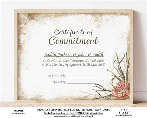 editable commitment ceremony certificate template printable etsy