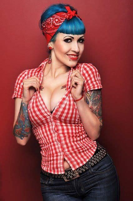 pinup fashion super cute rockabilly look with jeans red and white checkered top and red