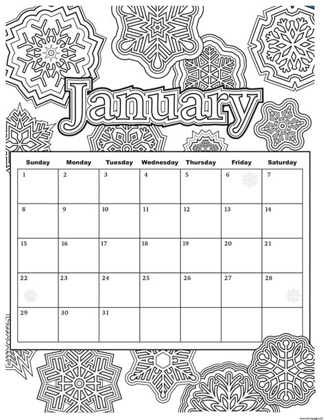 january calendar  coloring page printable
