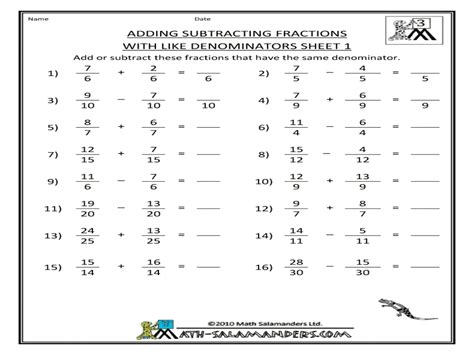 Adding Subtracting Fractions With Like Denominators Sheet 1 Worksheet