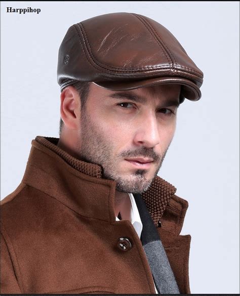 men s outdoor leather hat winter berets male warm ear protection cap 100 genuine leather dad
