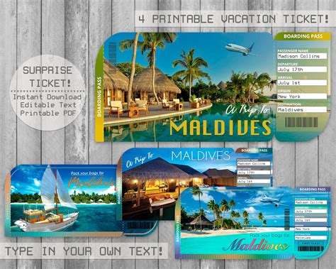 maldives trip ticket printable boarding pass surprise vacation instant  editable