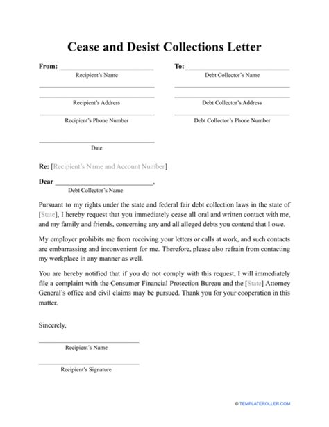 cease  desist collections letter template  printable