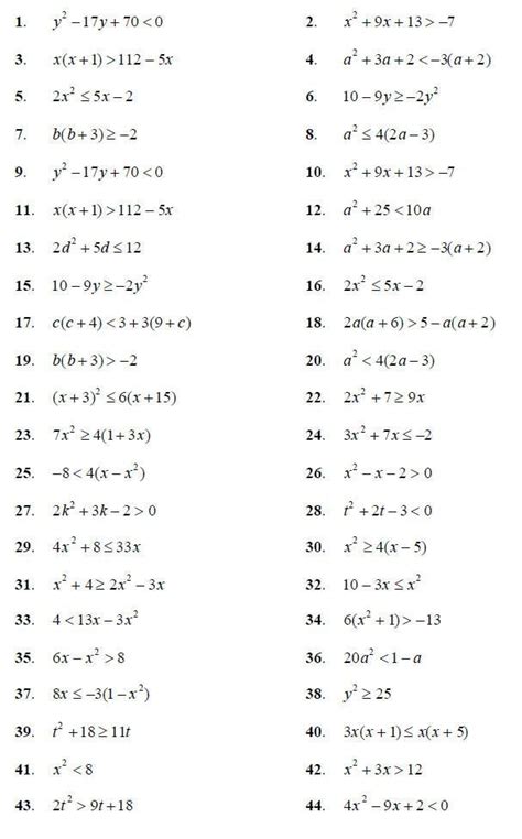 grade  quadratic inequalities worksheet thekidsworksheet