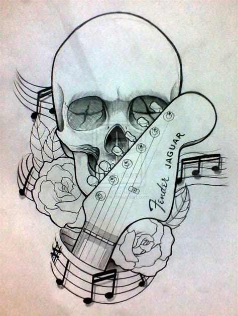 skull  roses  notes guitar tattoo design guitar tattoo