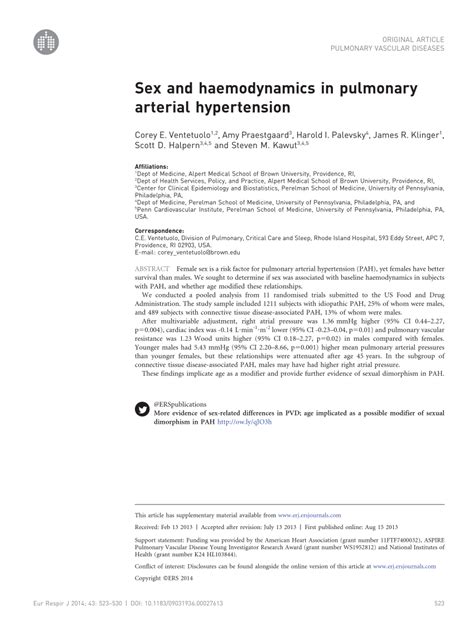 Pdf Sex And Hemodynamics In Pulmonary Arterial Hypertension