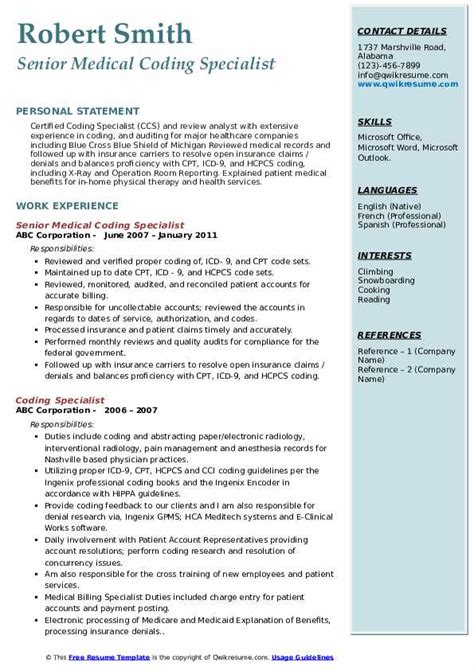 coding specialist resume samples qwikresume