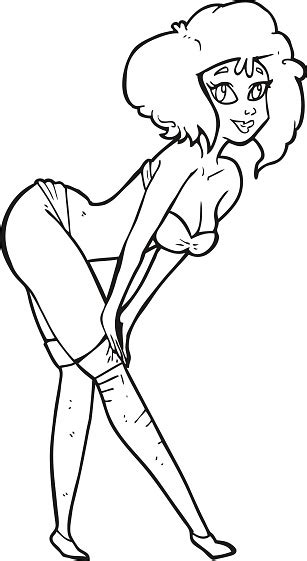 black and white cartoon pin up girl putting on stockings stock