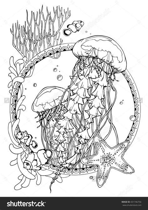 coloring page  adults antistress drawing ocean life jellyfishes