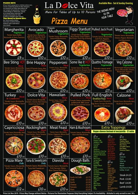 pizza menu la dolce vita