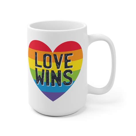 Love Wins Rainbow Heart Coffee Mug Lgbtq Pride Cup Lesbian Etsy