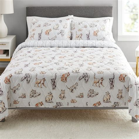 mainstays cats white reversible quilt   tote bed set fullqueen