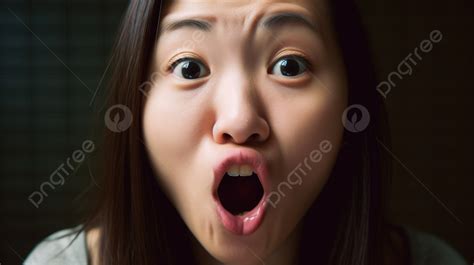 Young Asian Woman With Her Mouth Open Background A Woman Looking Up