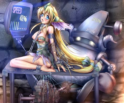 rule 34 arms behind back blonde hair blue eyes blush bondage bow breasts chains collar cuffs
