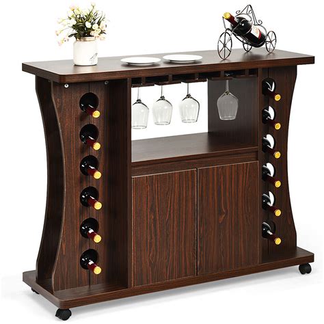 gymax rolling buffet sideboard wooden bar storage cabinet  wine rack
