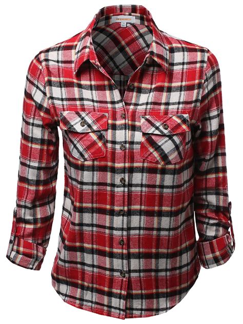 Women S Flannel Plaid Checker Roll Up Sleeves Button Down Shirt