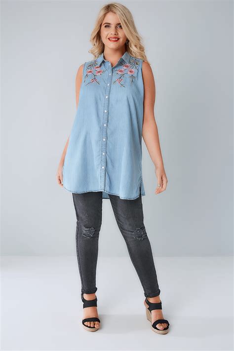Blue Denim Sleeveless Shirt With Floral Embroidery Plus Size 16 To 36