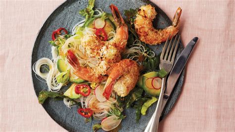 coconut and lime crusted shrimp with rice noodle salad