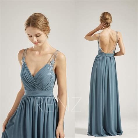 party dress steel blue chiffon bridesmaid dress lace ruched  neck beaded wedding dress long