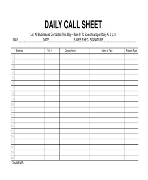 daily call log printable