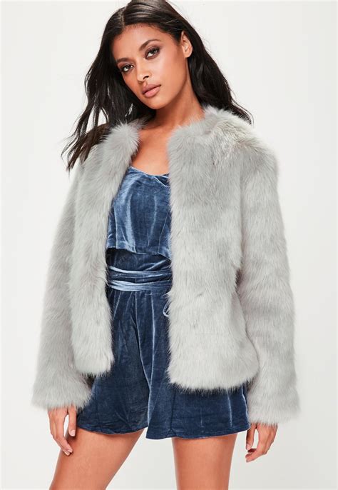 grey collarless faux fur coat collarless faux fur coat short faux