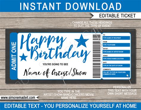 concert ticket birthday gift certificate template surprise concert