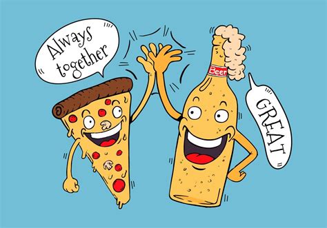Funny Pizza And Beer Friends Character High Five Hand Friends