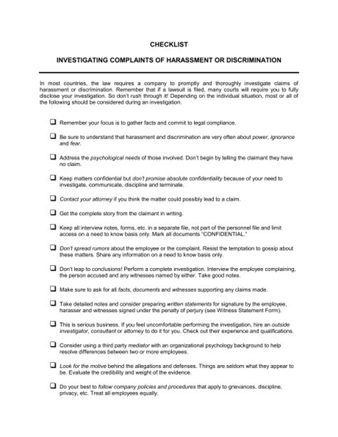 checklist investigating complaints of harassment template word and pdf by business in a box
