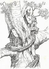 Coloring Tree Pages House Treehouse Treehouses Adult Drawings Drawing Fantasy Book Houses Printable Sketch Kids Sketches Pencil Swiss Family Sketchbook sketch template