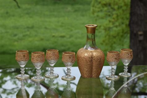 Vintage Gold Encrusted Wine Decanter And Wine Glasses