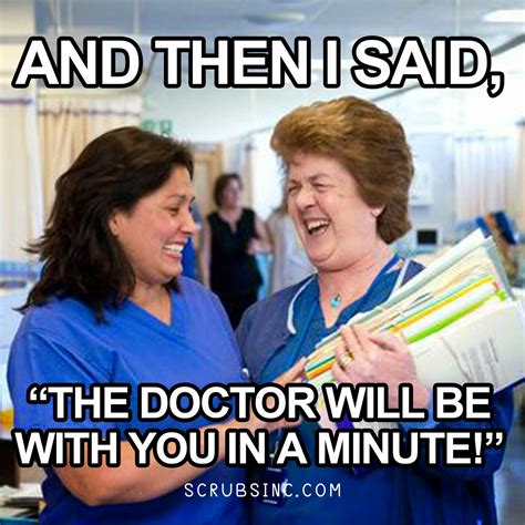 Two Women In Scrubs Laughing And Holding Folders With The Caption End