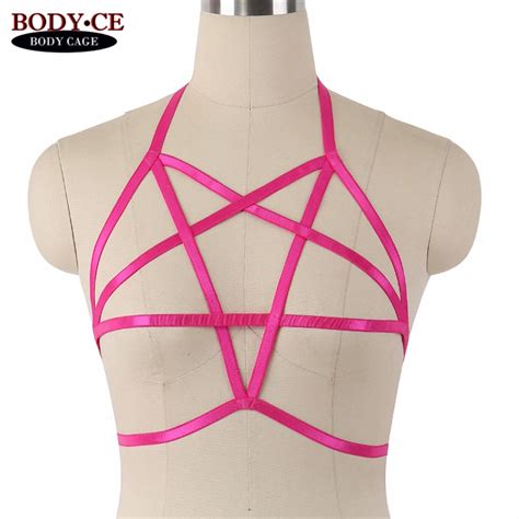 body cage 10pcs rose red harness bra pentagram bondage harness black