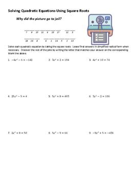 solving quadratic equations  square roots joke worksheet tpt