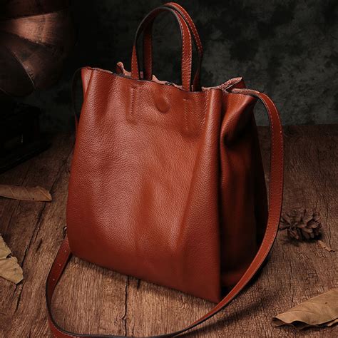 dark brown leather handbag tote shopper bag shoulder tote purse  wo