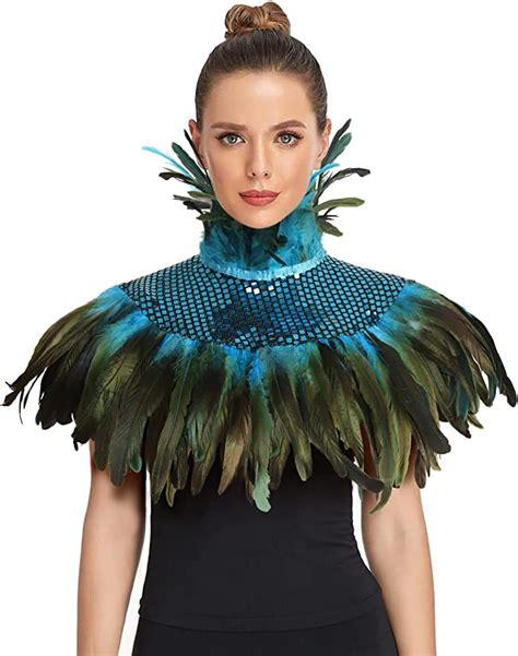 Homelex Natural Feather Sequin Shawl Gothic Black Cape With Choker